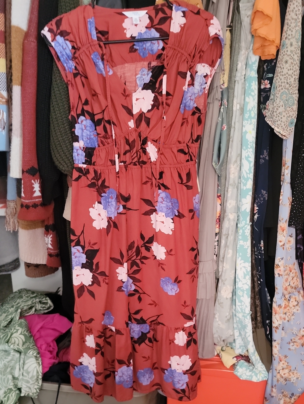 Time and Tru Rust Floral Wrap Midi Dress with Blue & Pink Blooms